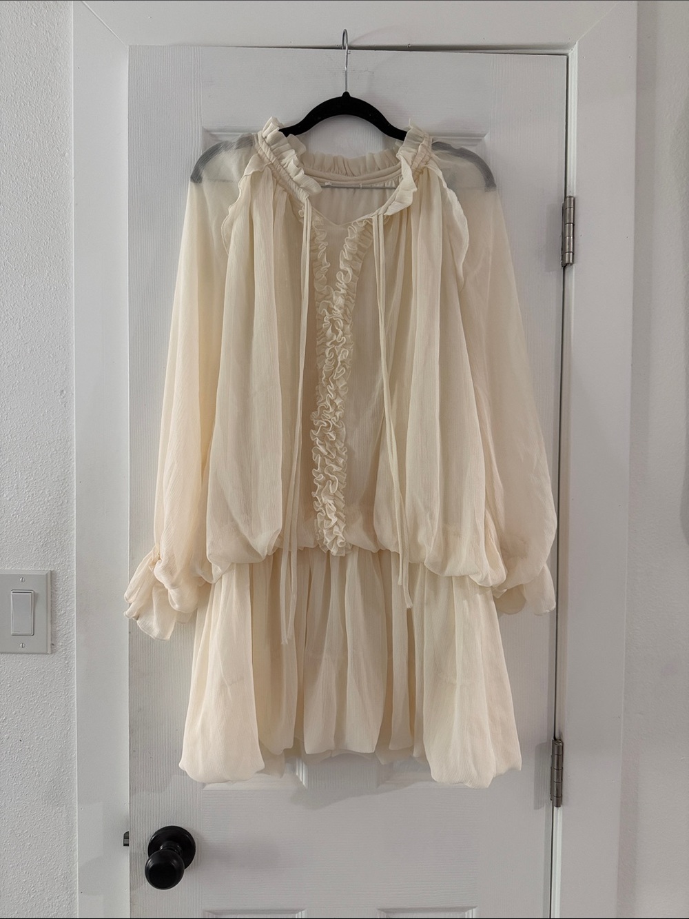 Long-Sleeve Ruffle-Front Mini Dress in Cream